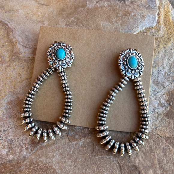 Turquoise Western Silvertone Drop Earrings NWT - Picture 4 of 6